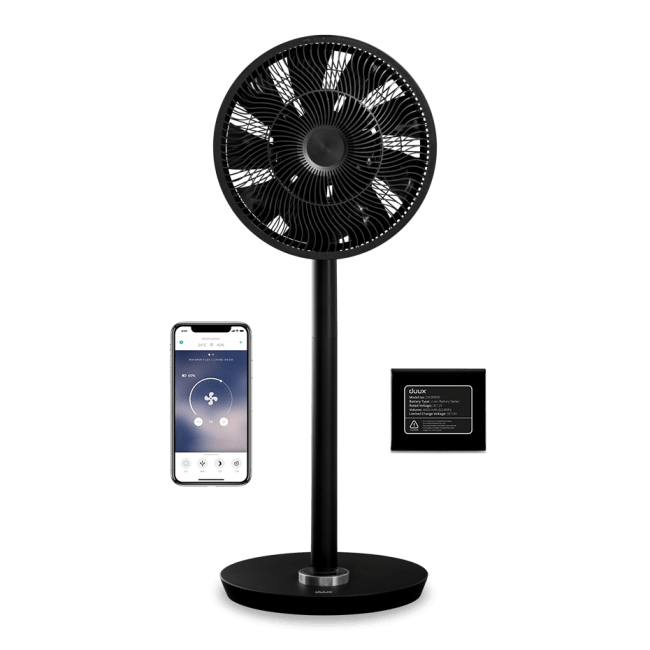 Front view wireless Whisper Flex Smart fan in a black color